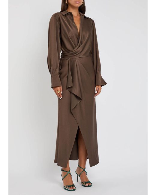 Jonathan Simkhai Brown Talita Wrap-Effect Draped Satin Midi Dress