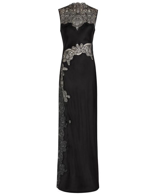 Shona Joy Black Jamila High-Neck Lace Satin Maxi Dress