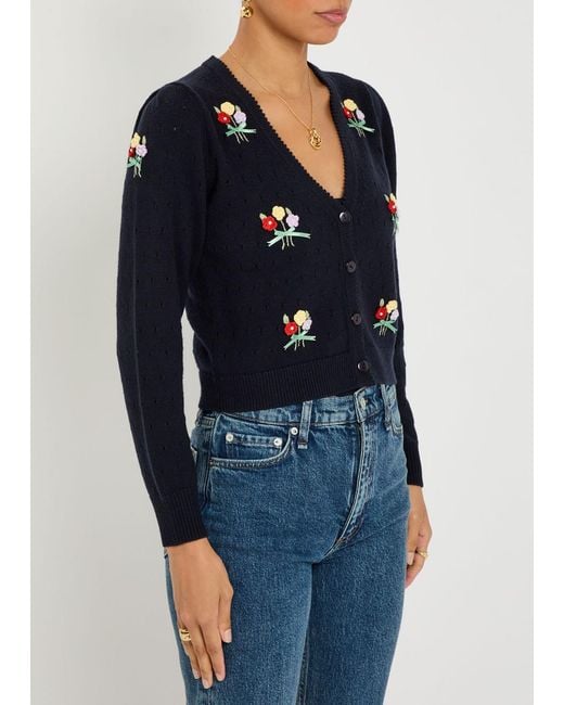 Rixo Blue Merinda Floral-Appliquéd Wool Cardigan