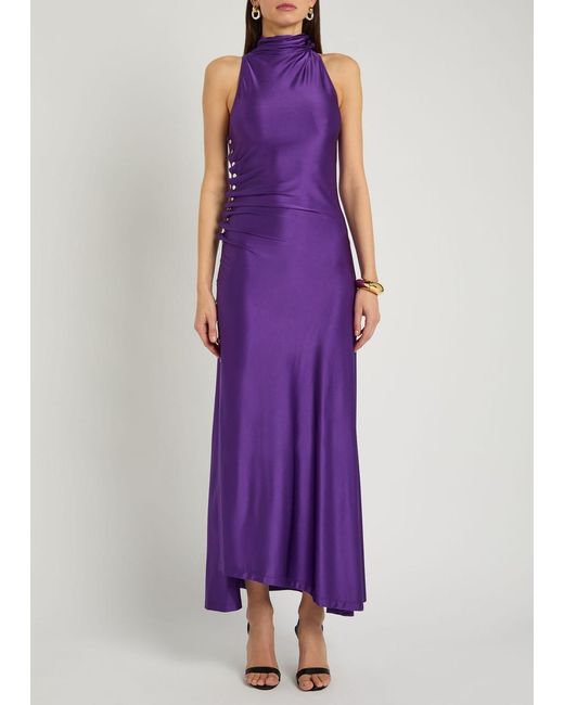 Rabanne Purple Ruched Asymmetric Stretch-Jersey Maxi Dress