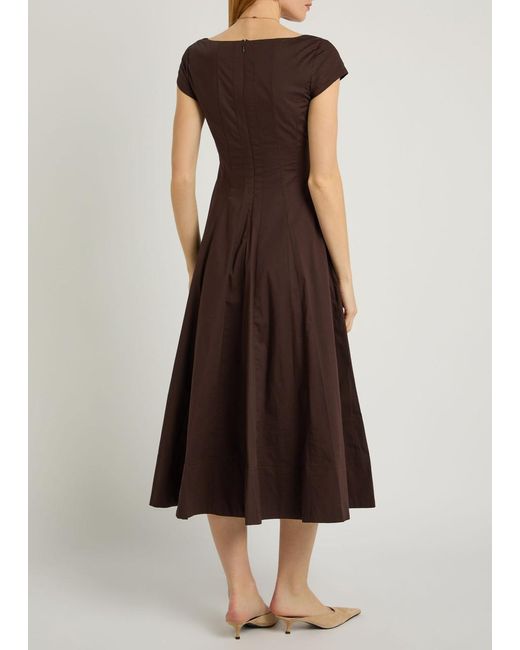 STAUD Wells Stretch-Cotton Poplin Midi Dress in Brown | Lyst