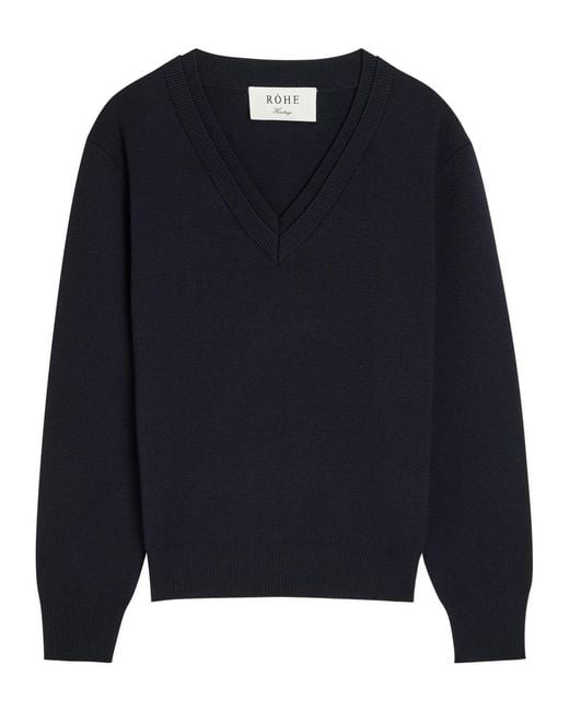 Rohe Blue V-Neck Stretch-Wool Jumper