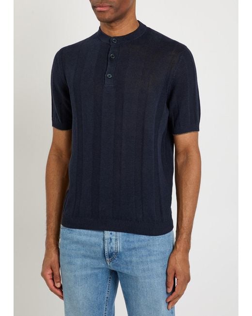 Brunello Cucinelli Blue Ribbed Linen-Blend T-Shirt for men