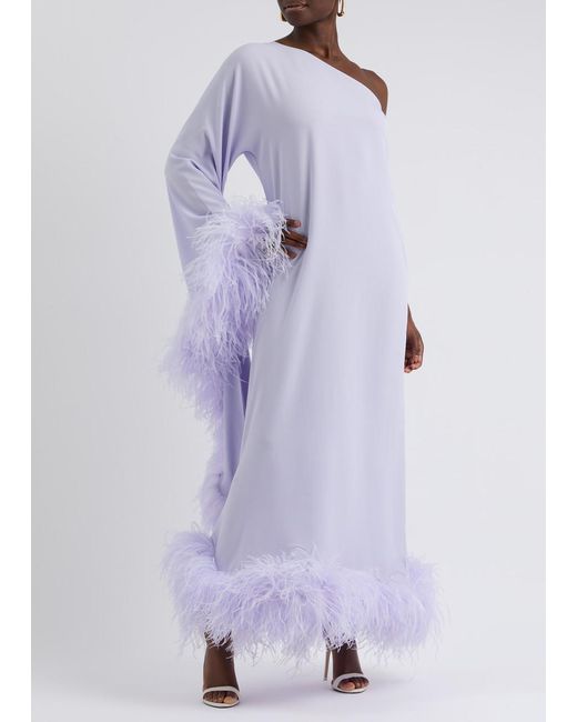 ‎Taller Marmo Purple Balear One-Shoulder Feather-Trimmed Maxi Dress