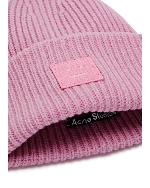Acne Pink Pansy Logo Ribbed Wool Beanie