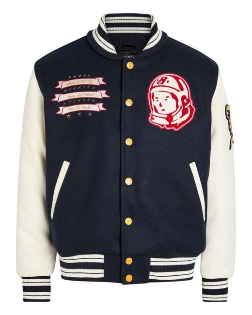 BBCICECREAM Blue Fanfare Script Panelled Appliquéd Bomber Jacket for men