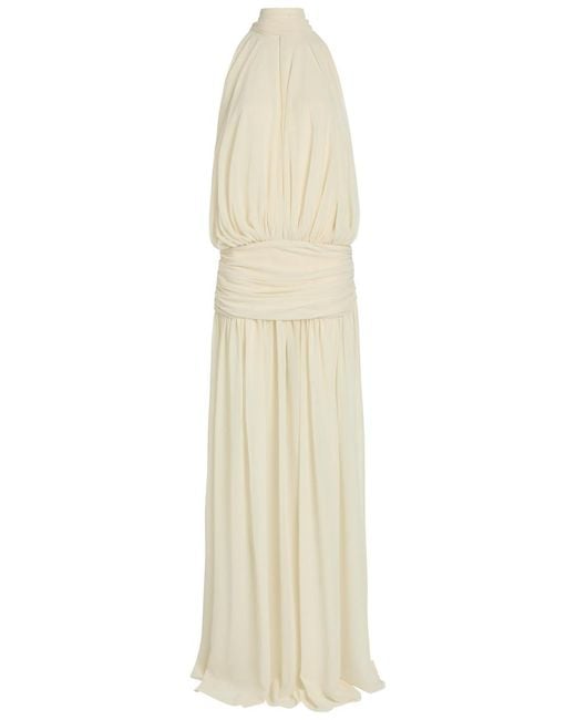 De La Vali White Cruz Draped Scarf-Effect Chiffon Maxi Dress