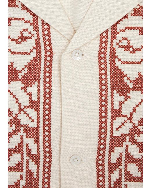 Bode Pink Rose Garland Cross-Stitched Linen Shirt for men