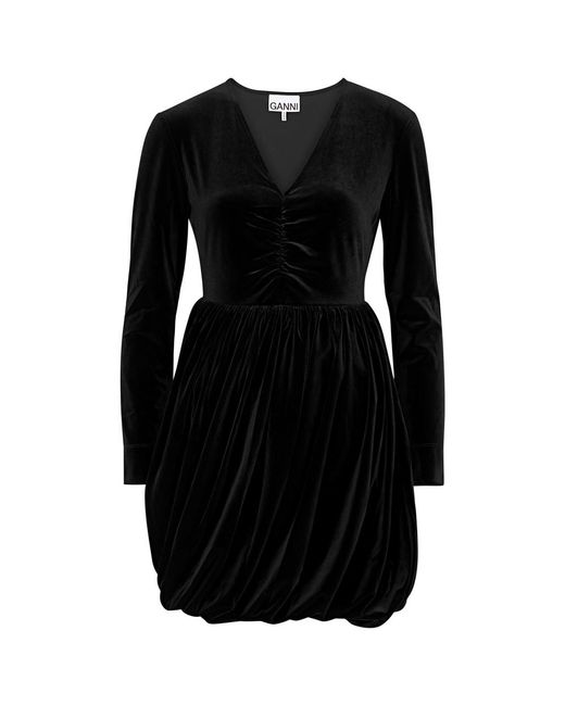 Ganni Black Ruched Velvet Mini Dress