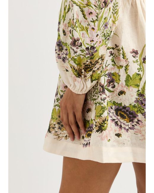 Zimmermann Natural Halliday Floral-Print Linen Mini Dress