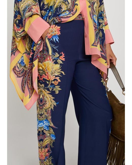 Etro Blue Printed Straight-Leg Silk Trousers
