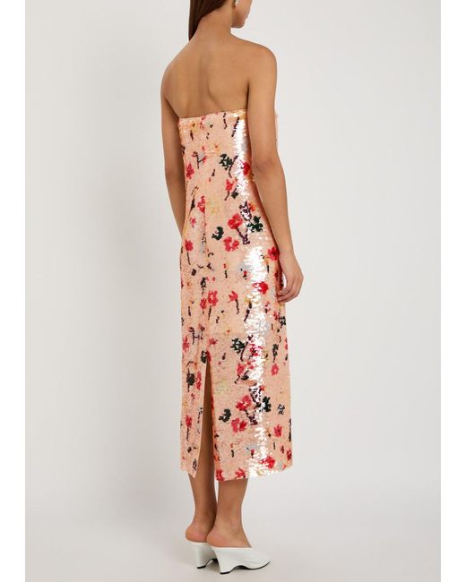 Tory Burch Pink Floral Strapless Sequin Midi Dress