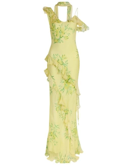 De La Vali Yellow Hemera Floral-Print Silk-Chiffon Maxi Dress