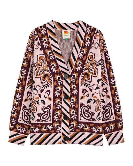 Farm Rio Red Glam Tapestry Patterned-Intarsia Knitted Cardigan