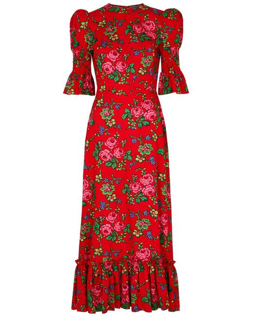 The Vampire's Wife Red Floral-print Ruffle-trim Cotton Maxi Dress