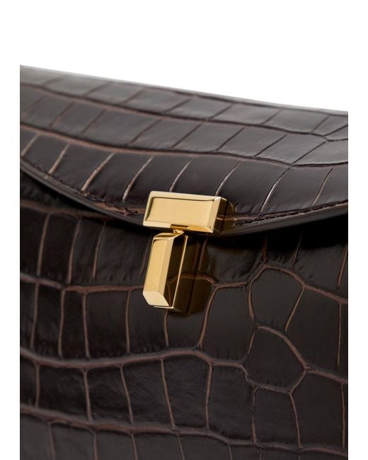Totême Black T-Lock Crocodile-Embossed Leather Clutch