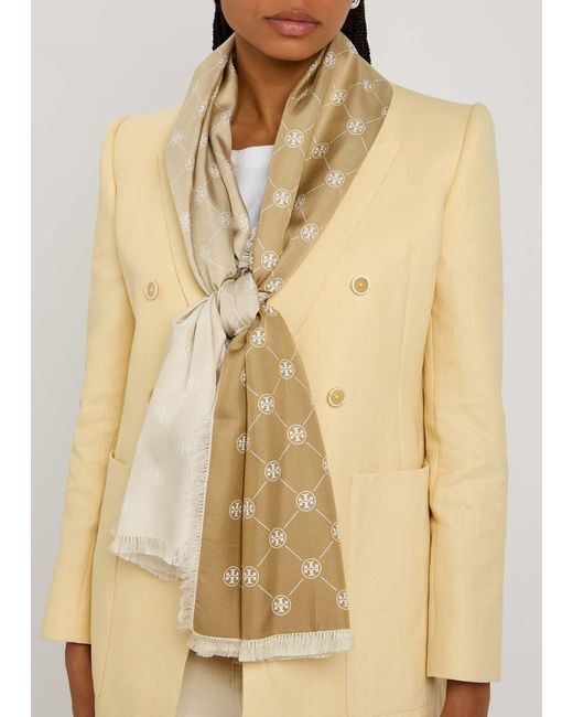Tory Burch Brown Monogram-Print Silk Scarf