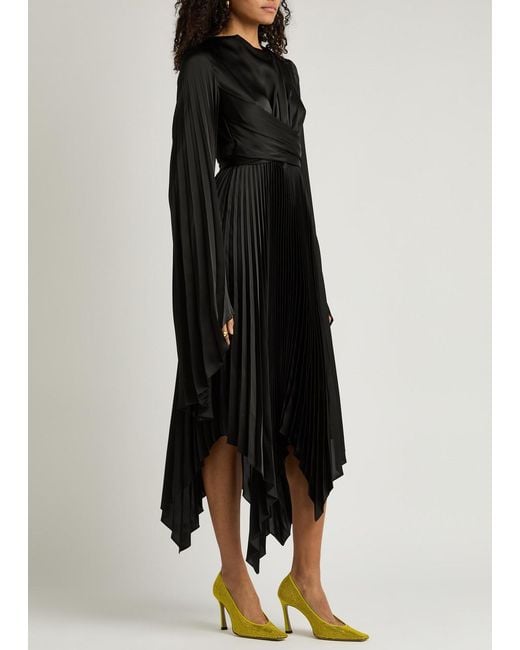 A.W.A.K.E. MODE Black Pleated Wrap-Effect Satin Midi Dress