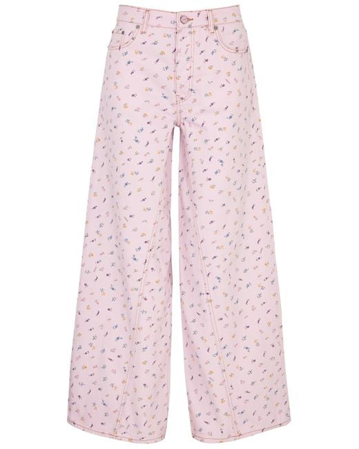 Ganni Pink Jozey Floral-print Wide-leg Jeans