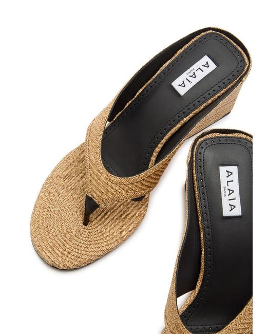Alaïa Brown Cube 75 Raffia Thong Wedge Mules