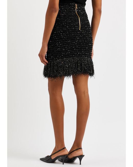 Balmain Black Fringed Bouclé Tweed Mini Skirt