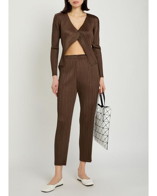 Pleats Please Issey Miyake Brown Pleated Tapered-Leg Woven Trousers
