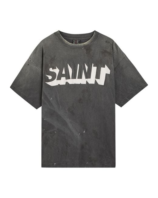 SAINT Mxxxxxx Gray Alpha Logo-Print Distressed Cotton T-Shirt for men