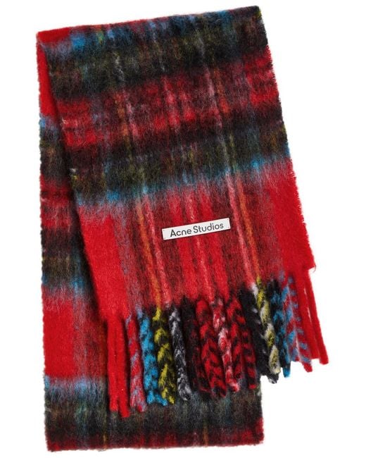 Acne Red Tartan Fringed Mohair-Blend Scarf