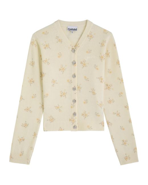 Ganni Natural Floral-Printed Wool-Blend Cardigan