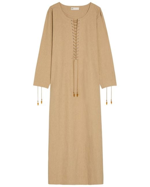 Tory Burch Natural Lace-Up Linen-Blend Maxi Tunic Dress