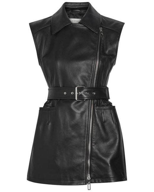 Sportmax Black Belted Leather Biker Vest Jacket