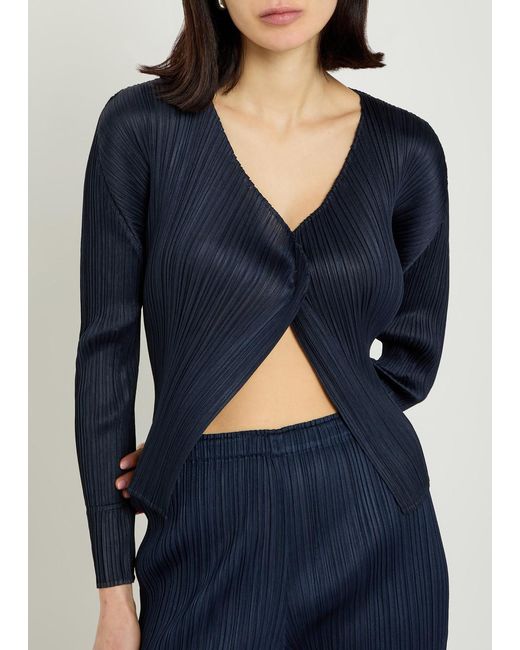 Pleats Please Issey Miyake Blue Pleated Woven Cardigan