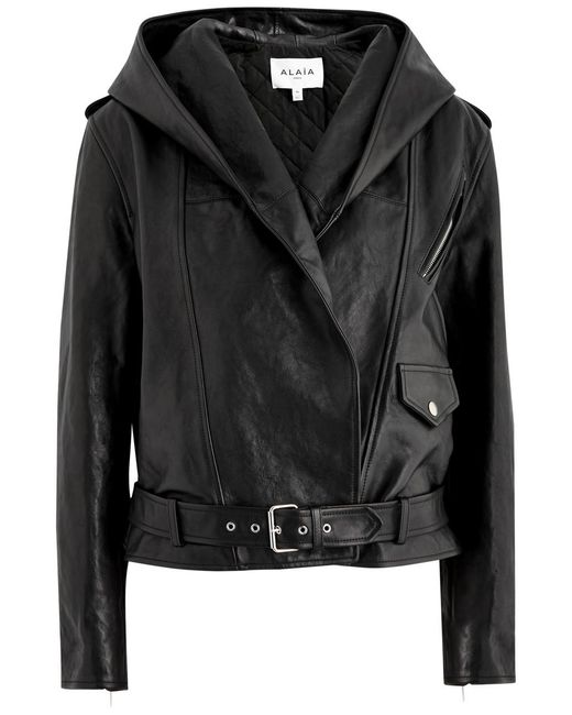 Alaïa Black Hooded Leather Biker Jacket