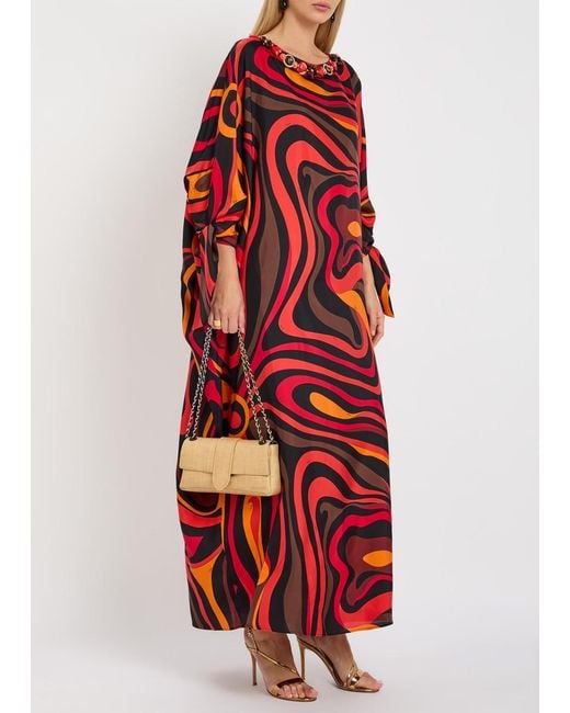 Emilio Pucci Red Embellished Printed Silk-Twill Maxi Kaftan