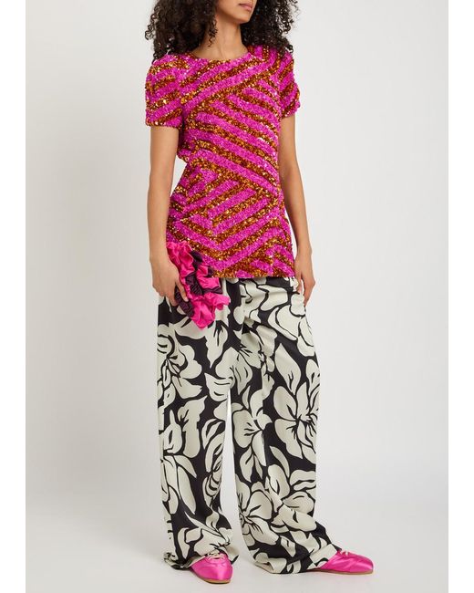Dries Van Noten White Peaches Floral-Print Wide-Leg Satin Trousers