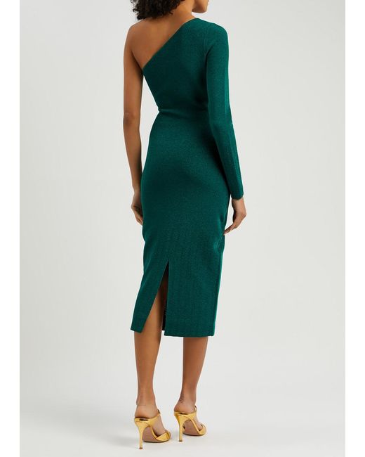 Victoria Beckham Green Glittered One-shoulder Stretch-knit Midi Dress
