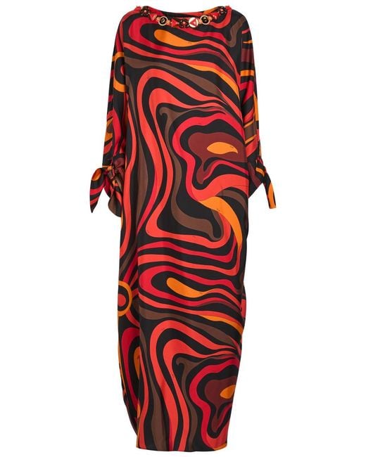 Emilio Pucci Red Embellished Printed Silk-Twill Maxi Kaftan