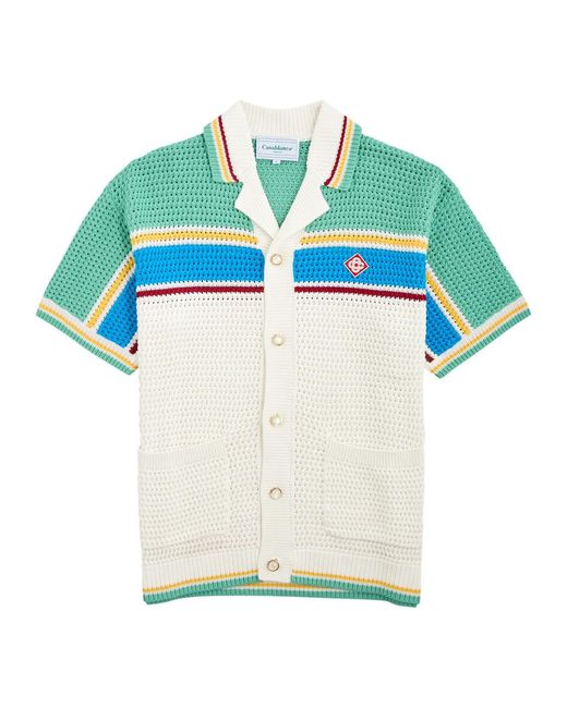 Casablancabrand Blue Tennis Club Striped Crochet-Knit Shirt for men