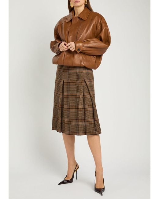 Saint Laurent Brown Houndstooth Inverted-Pleat Wool Midi Skirt