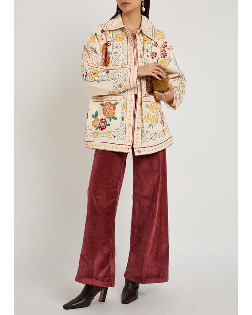 Free People White Avery Floral-Embroidered Denim Jacket