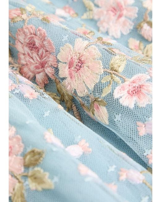 Needle & Thread Blue Eden Rose Embroidered Cape-Effect Tulle Gown