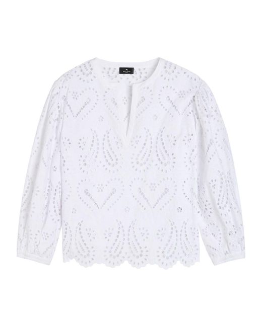 Etro White Open-Embroidery Cotton-Blend Blouse