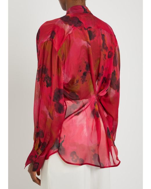 Victoria Beckham Red Draped Floral Silk-Chiffon Blouse