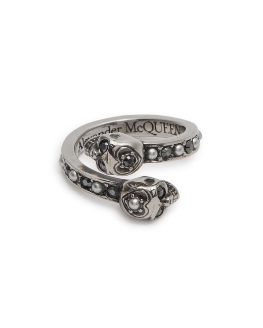 Alexander McQueen White Double Skull Embellished Ring