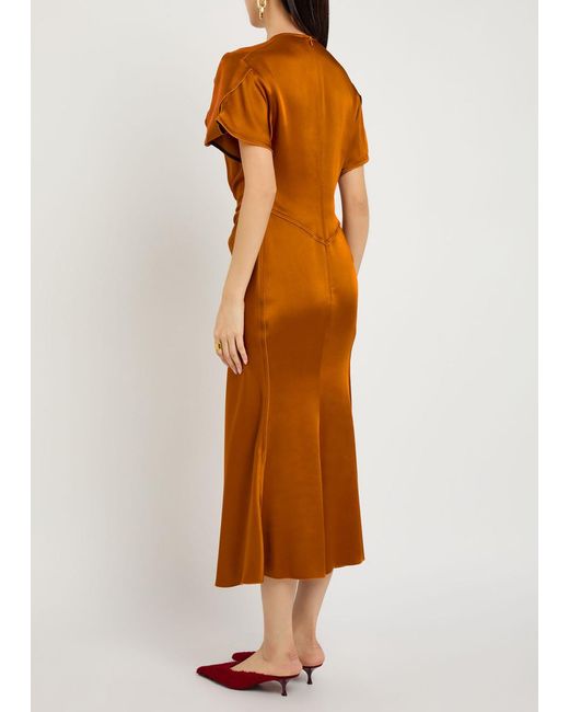 Victoria Beckham Orange Eve Gathered Satin Midi Dress