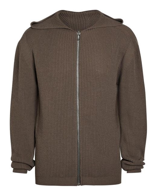 Rick Owens Brown Hooded Zip-Through Ribbed-Wool Jumper for men