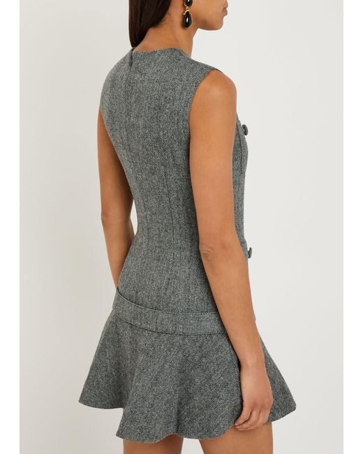 Self-Portrait Gray Herringbone Belted Wool-Blend Mini Dress