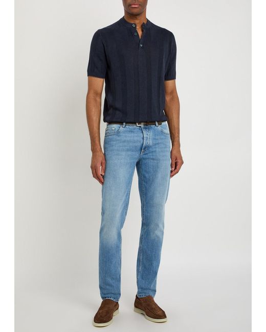 Brunello Cucinelli Blue Ribbed Linen-Blend T-Shirt for men