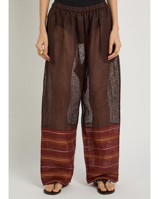 Tory Burch Brown Stripe-Trimmed Semi-Sheer Linen Trousers