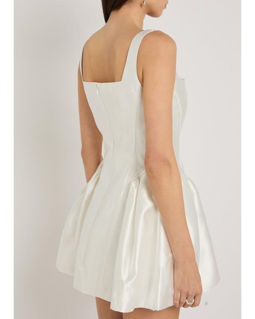 Self-Portrait White Square-Neck Satin-Twill Mini Dress